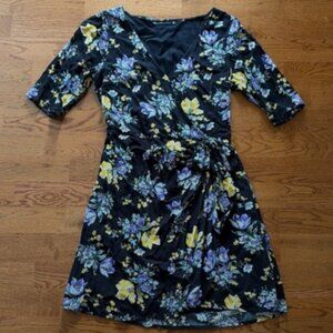 Abercrombie Wrap Mini Dress Short Sleeve Black Floral Yellow Purpple  XS Tie V